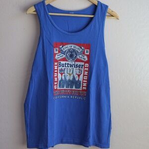 Vintage‎ Buttwiser Beer Graphic Tank Top King of Rears Funny Humor Party Blue